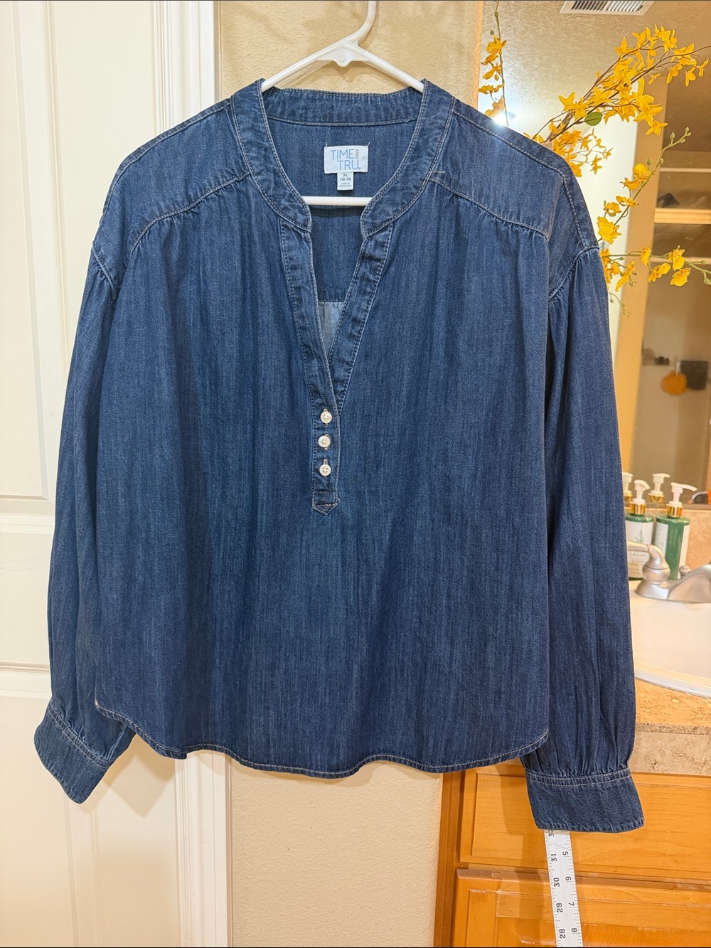 Time and Tru Indigo Denim Henley Blouse